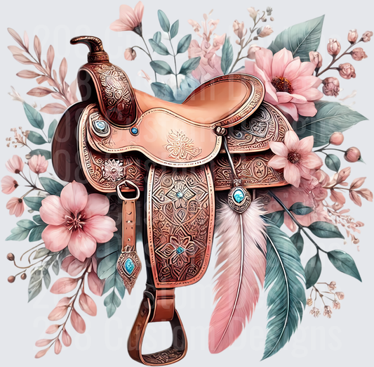 Ornate Western Saddle with Pink Floral Bouquet and Feathers