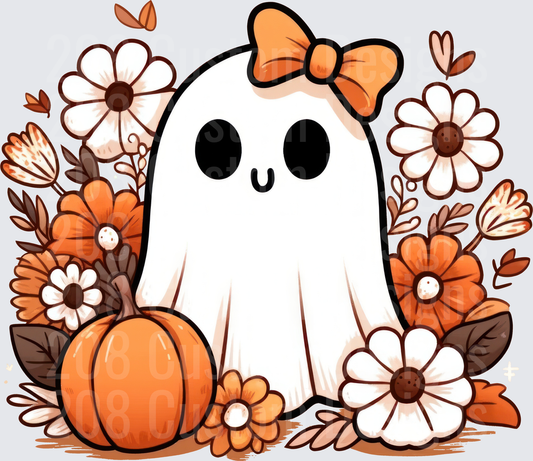 Cute Halloween Ghost with Orange Bow and Fall Flowers
