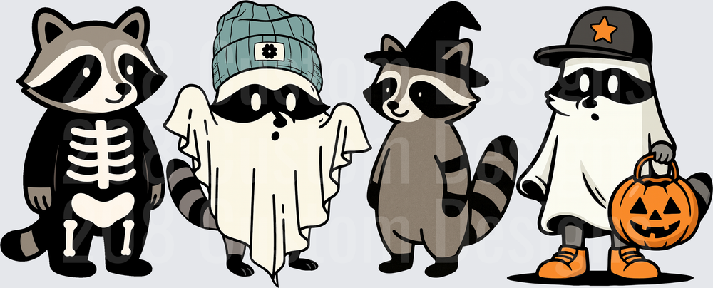 Four Halloween Raccoons in Costume Trick or Treat Squad