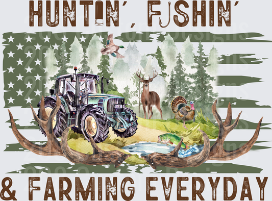 Huntin Fishin and Farming Everyday Outdoor Life Scene with Deer Duck Tractor Turkey Bass Fish