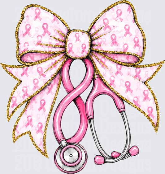 Pink Breast Cancer Awareness Bow Stethoscope Gold Glitter