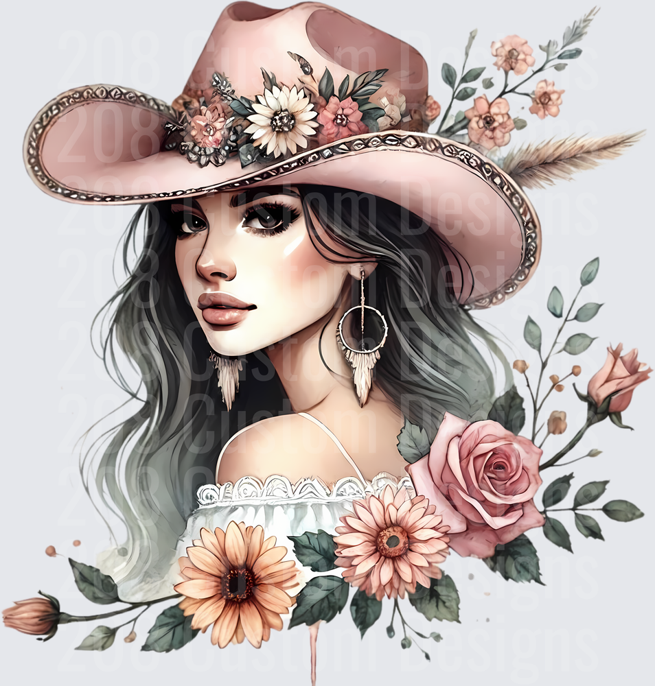 Boho Woman in Pink Cowboy Hat with Floral Arrangement