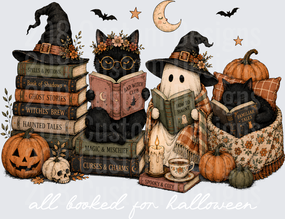 Spooky Cozy Reading Black Cats Ghost Witch Hat Halloween Books