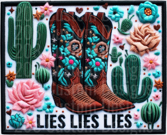 Embroidered Cowboy Boots with Cacti Flowers and Lies Lies Lies Text