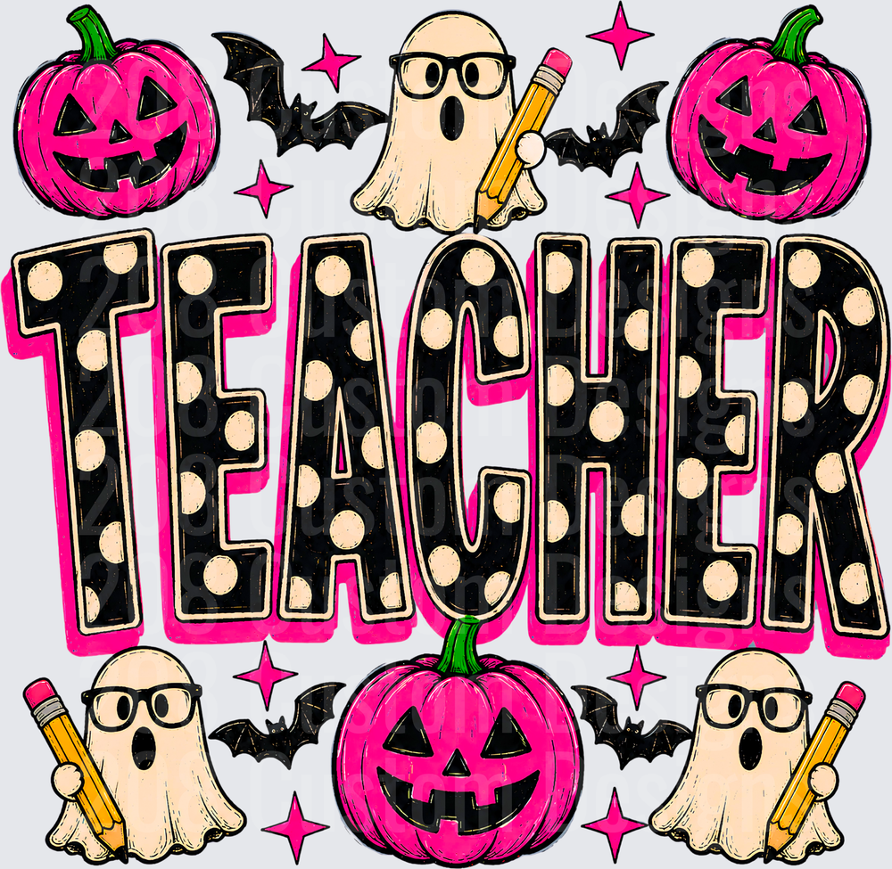 Halloween Teacher Ghost Glasses Pencil Pink Pumpkin Bats