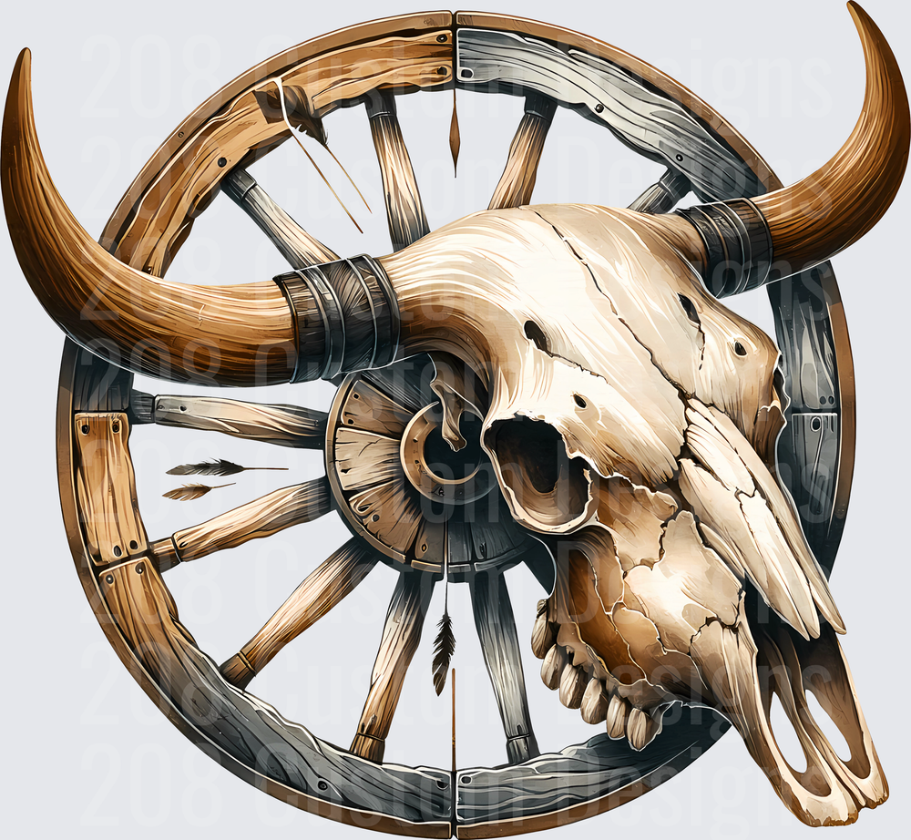 Western Bull Skull with Wooden Wagon Wheel and Feathers
