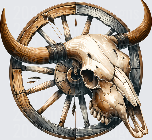 Western Bull Skull with Wooden Wagon Wheel and Feathers