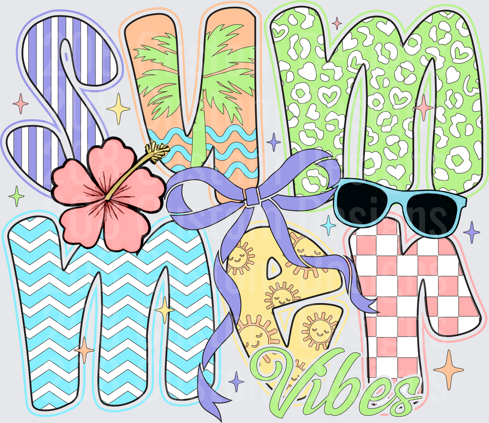 Summer Vibes Typography with Hibiscus Flip Flops and Sunglasses