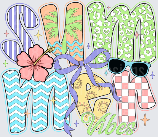 Summer Vibes Typography with Hibiscus Flip Flops and Sunglasses