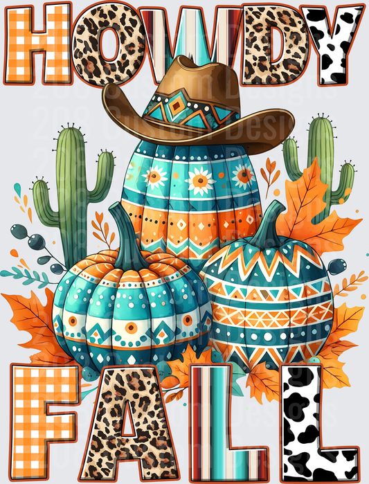 Howdy Fall Western Pumpkins with Cowboy Hat and Cactus Design
