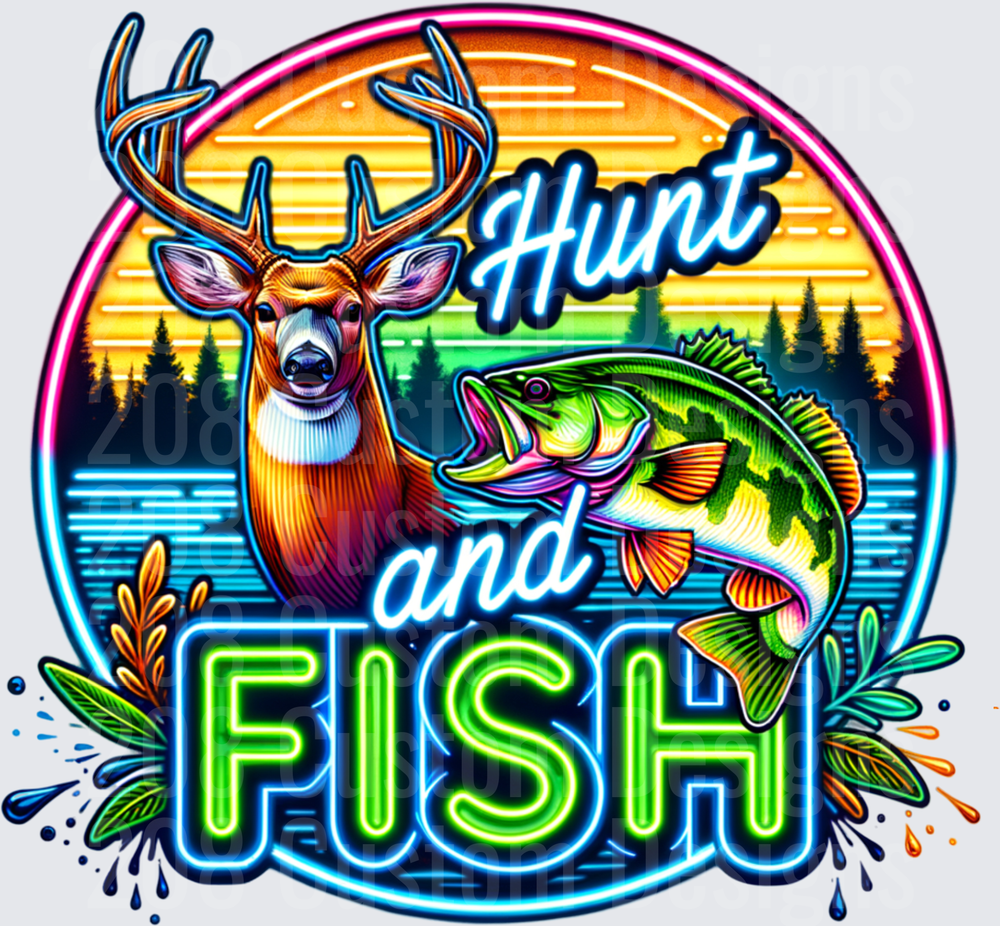 Hunt and Fish Neon Deer Bass Lake Scene