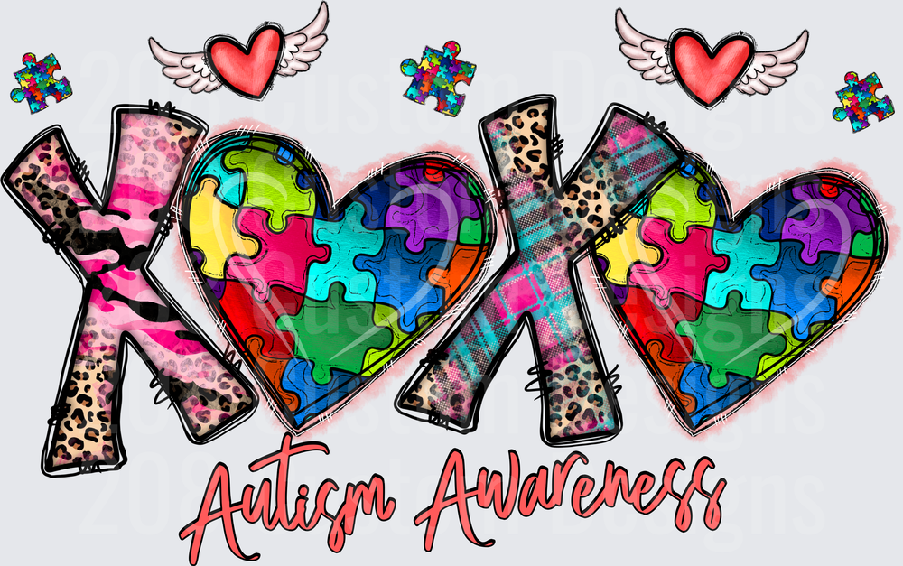 XOXO Autism Awareness Puzzle Heart Design with Leopard Print