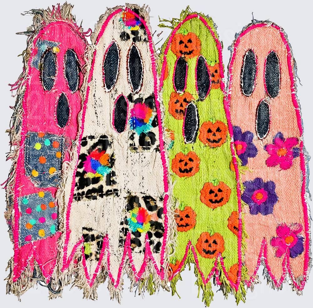 Boho Patchwork Halloween Ghosts Denim Floral Pumpkin Quad