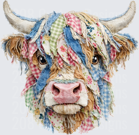Patchwork Fabric Highland Cow with Floral and Gingham Patterns