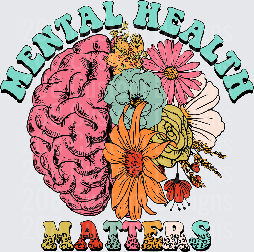 Mental Health Matters Brain with Colorful Flowers Design