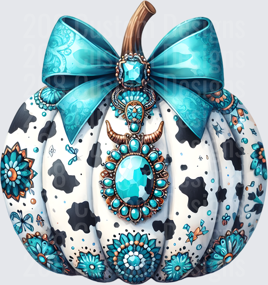 Boho Western Cow Print Pumpkin with Turquoise Jewelry and Bow