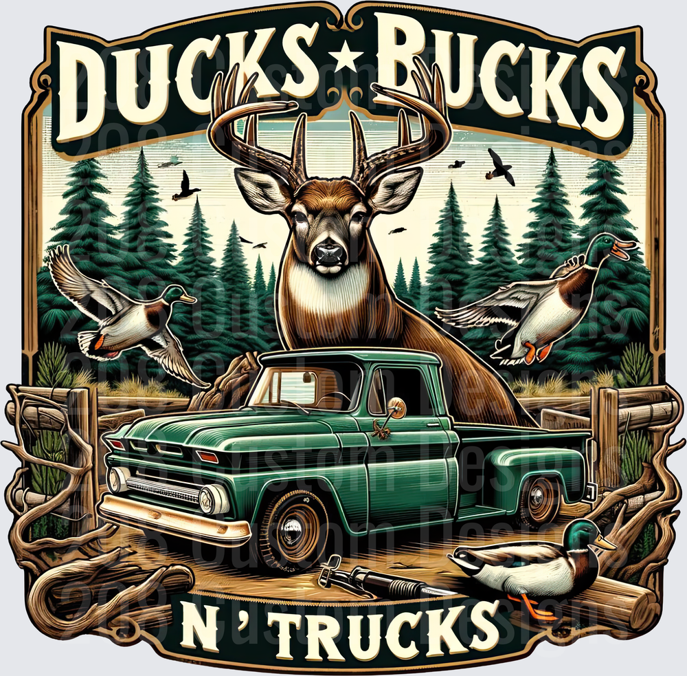 Ducks Bucks N' Trucks Hunting Scene with Vintage Green Pickup