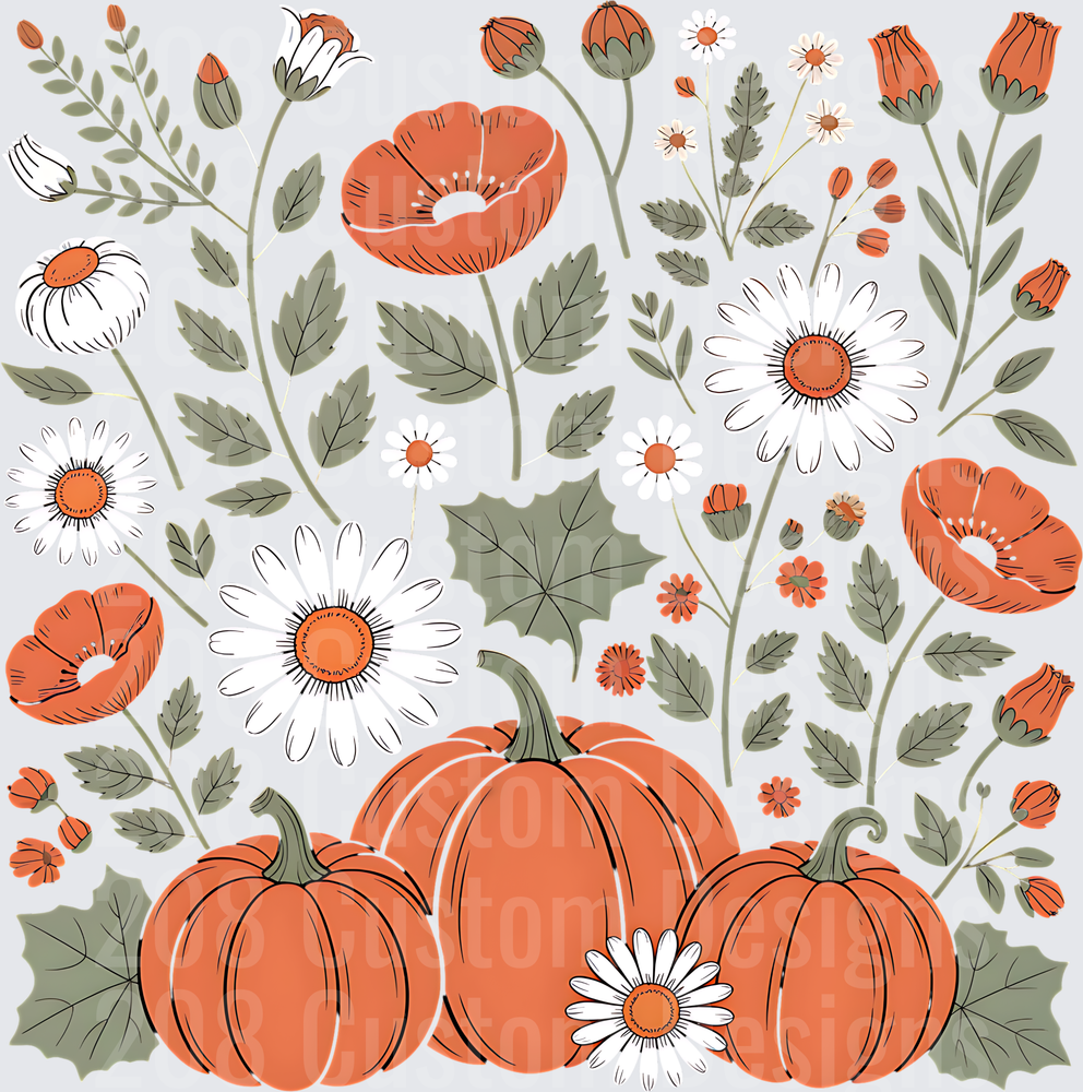 Autumn Pumpkin Garden with Daisies and Fall Wildflowers