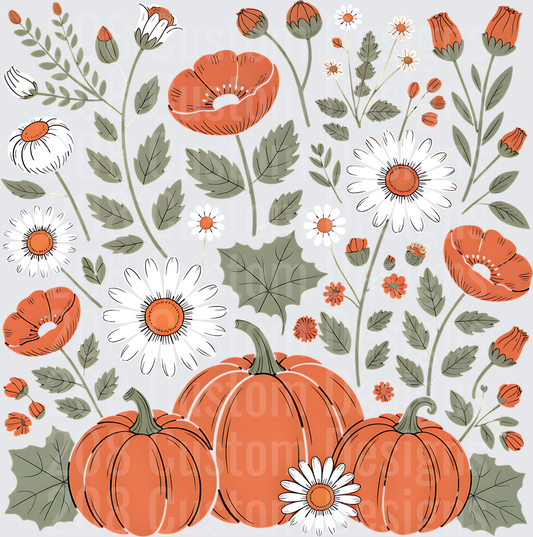 Autumn Pumpkin Garden with Daisies and Fall Wildflowers