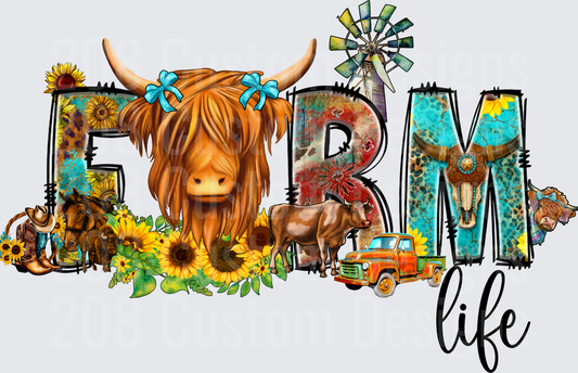 Farm Life Highland Cow Sunflower Windmill Vintage Truck