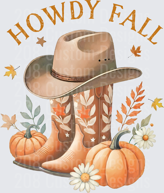 Howdy Fall Cowboy Hat and Boots with Pumpkins and Daisies