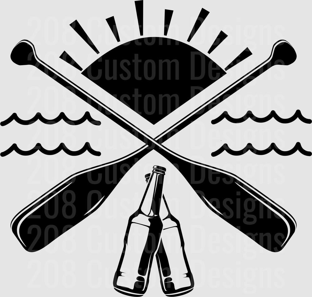 Crossed Canoe Paddles with Beer Bottles and Rising Sun