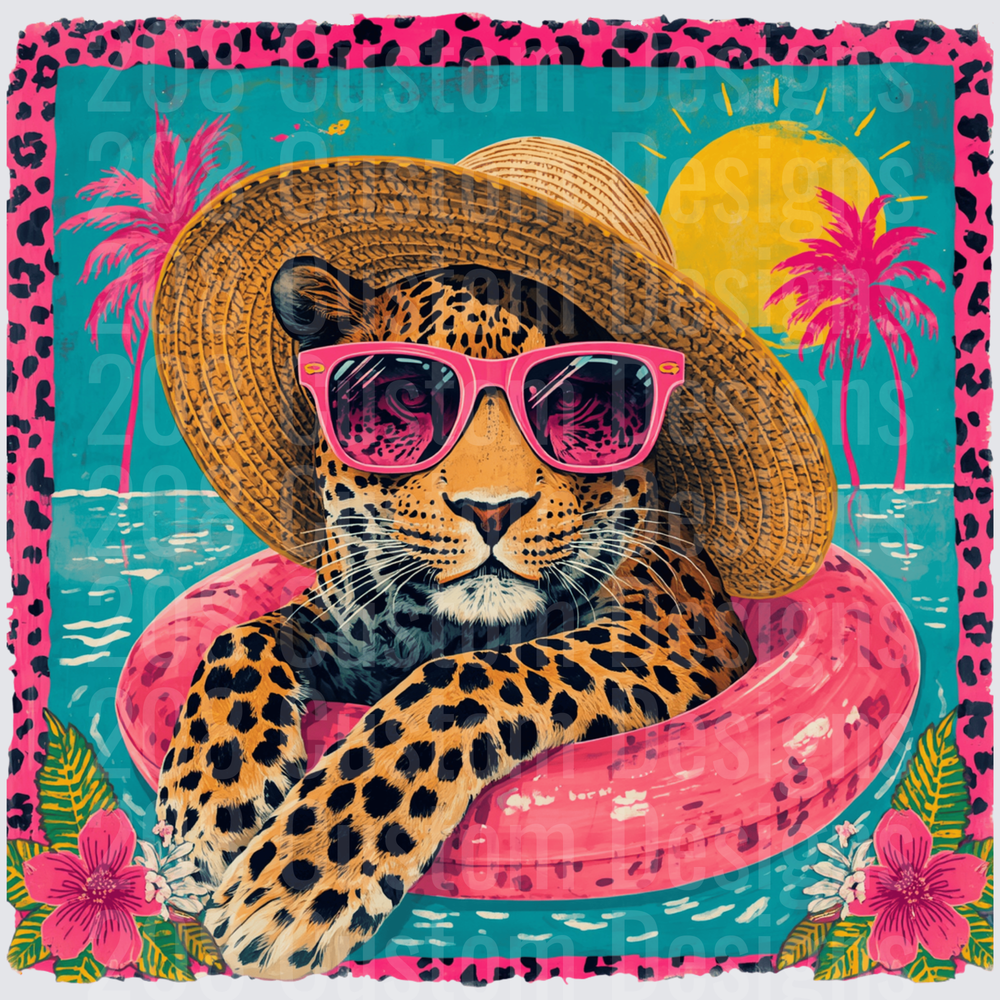 Leopard in Straw Hat and Pink Sunglasses Floating in Pool Ring