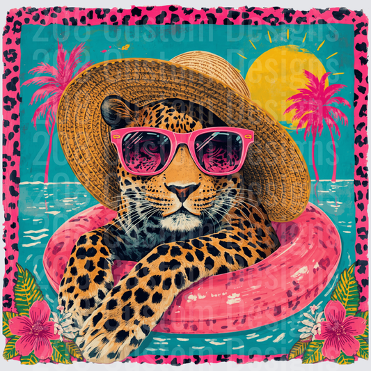 Leopard in Straw Hat and Pink Sunglasses Floating in Pool Ring