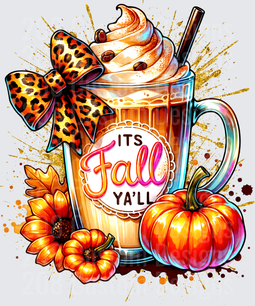 Its Fall Yall Pumpkin Spice Latte with Leopard Bow and Autumn Flowers