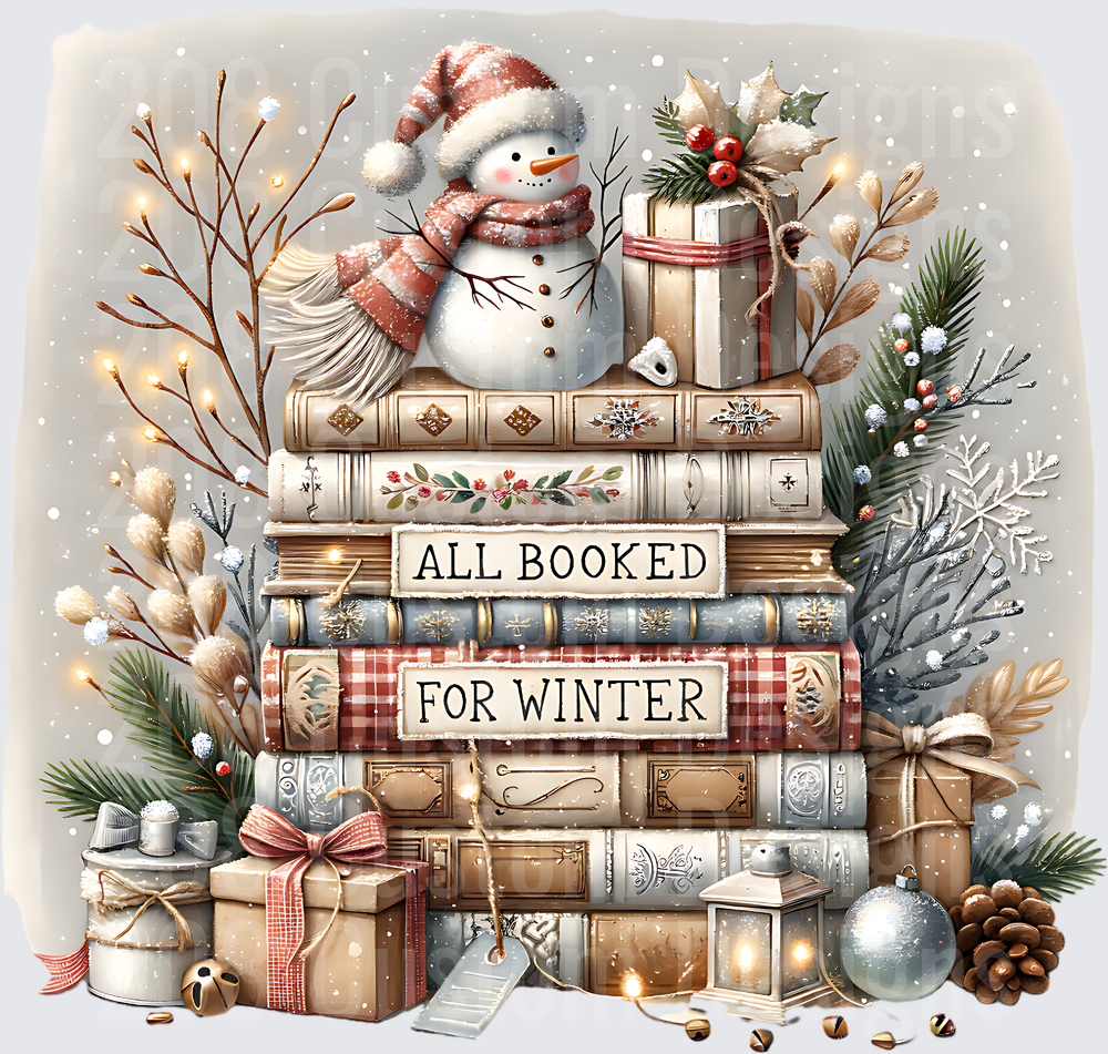 Winter Book Stack with Snowman All Booked for Winter Design