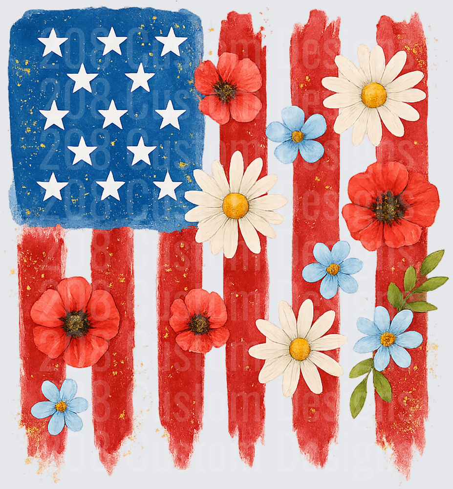 Watercolor American Flag with Wildflowers and Daisies