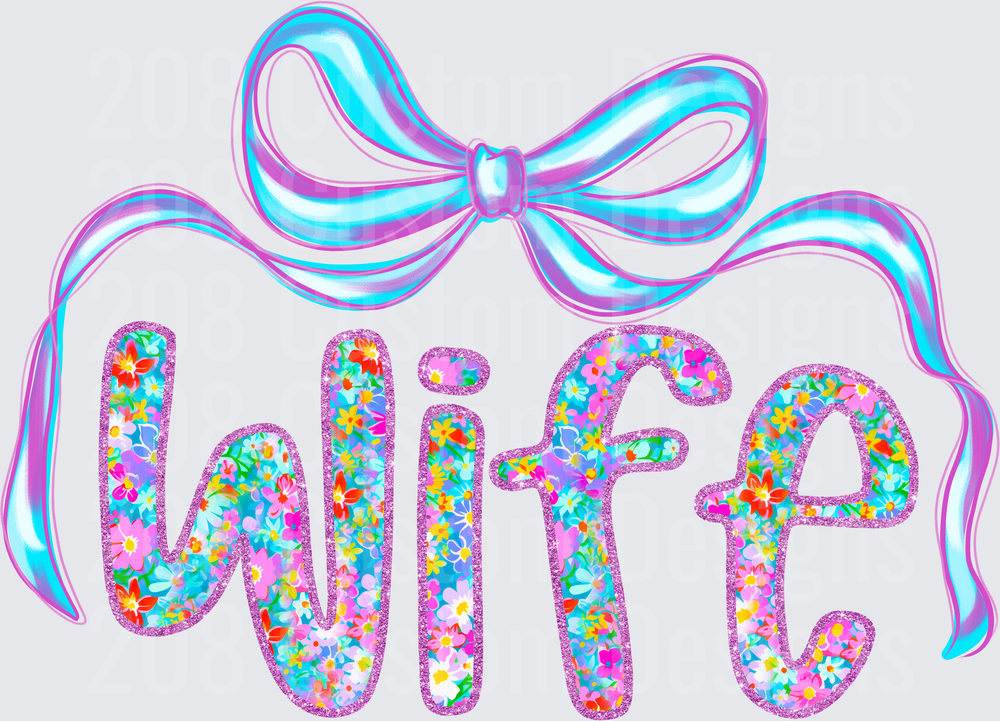 Wife Rainbow Confetti Text with Holographic Ribbon Bow