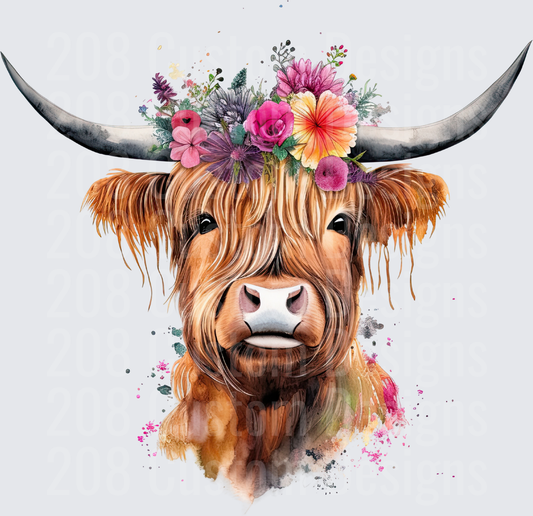 Highland Cow with Floral Crown Watercolor Design