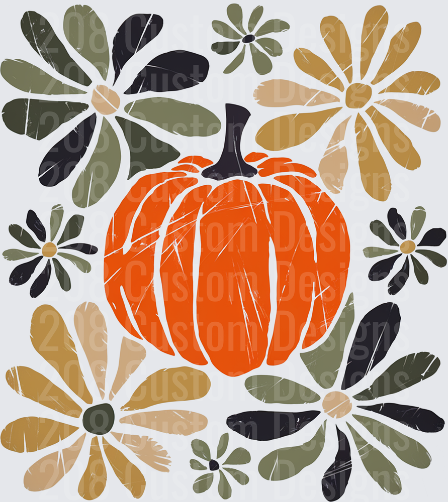 Autumn Pumpkin with Distressed Floral Daisy Pattern