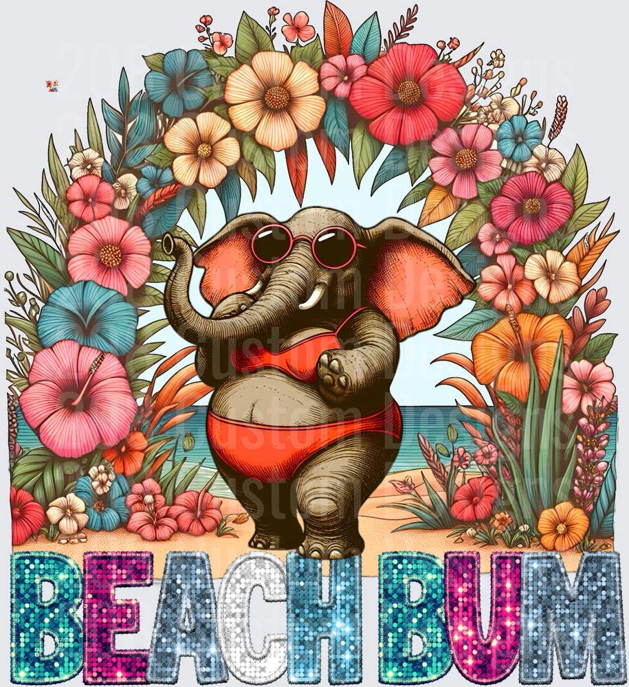 Beach Bum Elephant in Bikini with Tropical Hibiscus Flowers