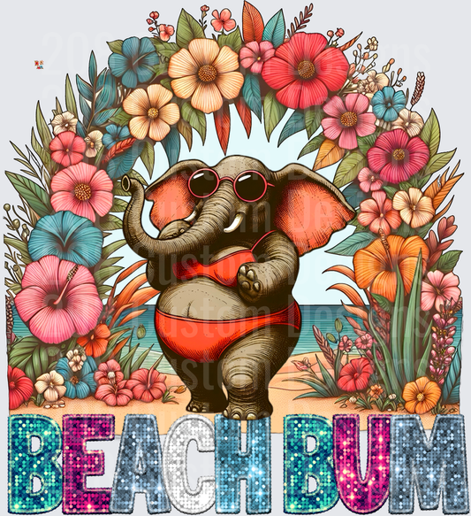 Beach Bum Elephant in Bikini with Tropical Hibiscus Flowers
