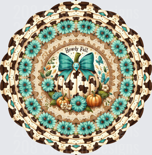 Howdy Fall Mandala with Cow Print Border and Turquoise Flowers