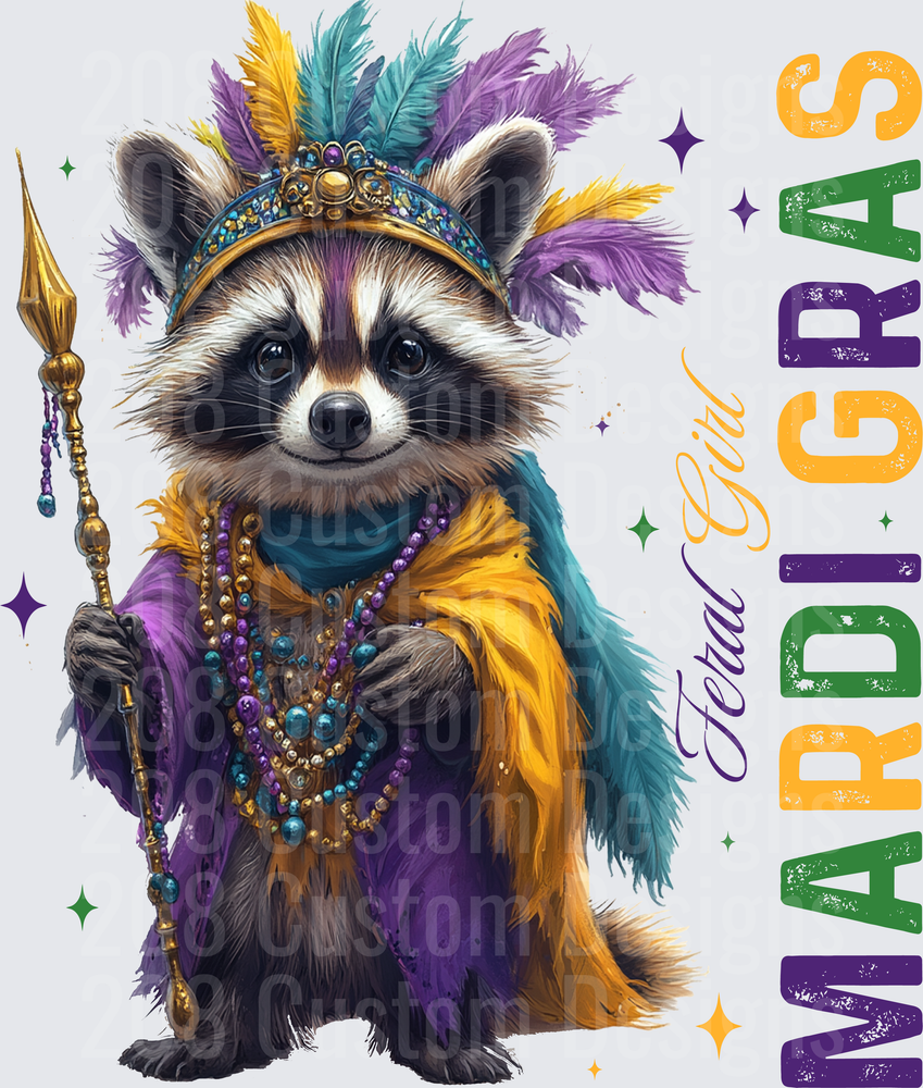 Mardi Gras Raccoon in Feathered Headdress and Beaded Costume
