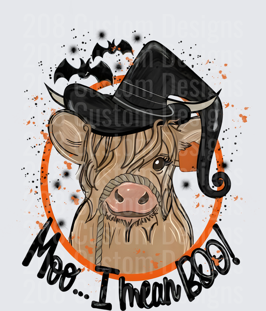 Halloween Highland Cow Witch Hat Moo I Mean Boo Bats