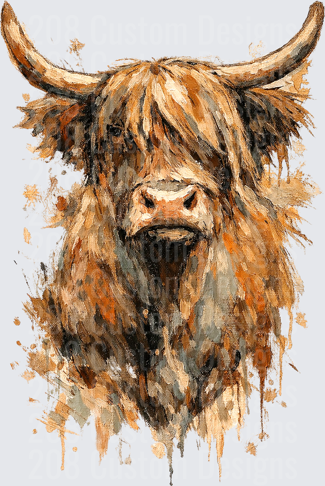 Highland Cow Watercolor Portrait with Shaggy Hair and Horns