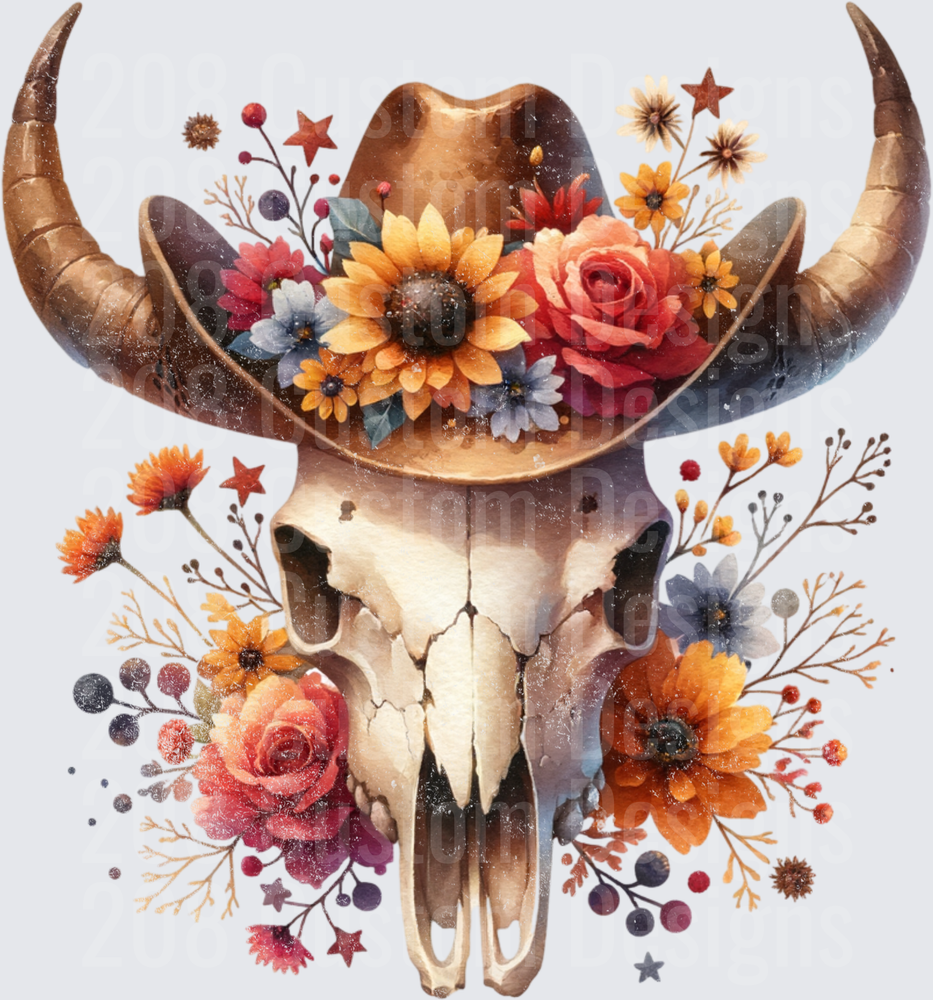 Bull Skull with Autumn Floral Crown and Watercolor Botanicals