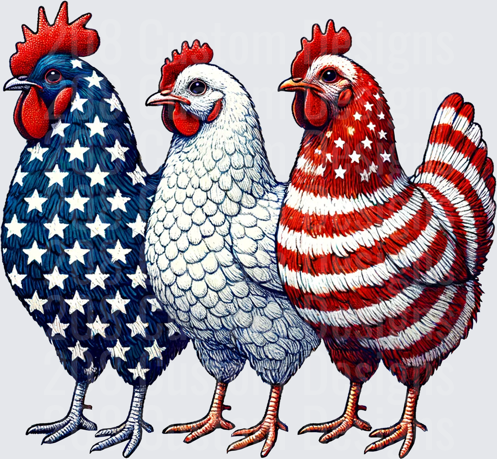 Three Patriotic Chickens in Red White and Blue American Flag Colors