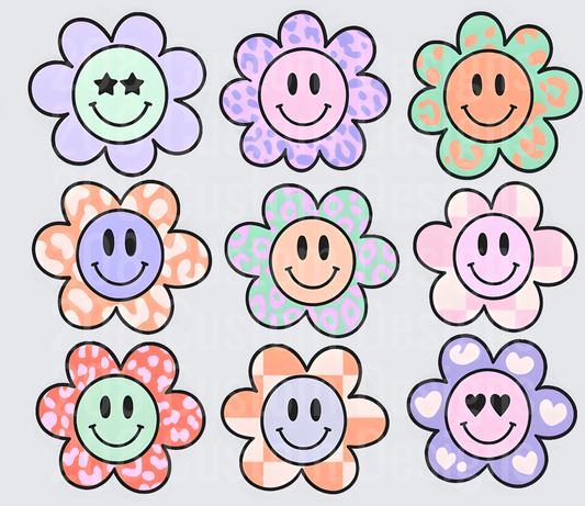 Retro Smiley Face Daisy Flowers with Pastel Patterns