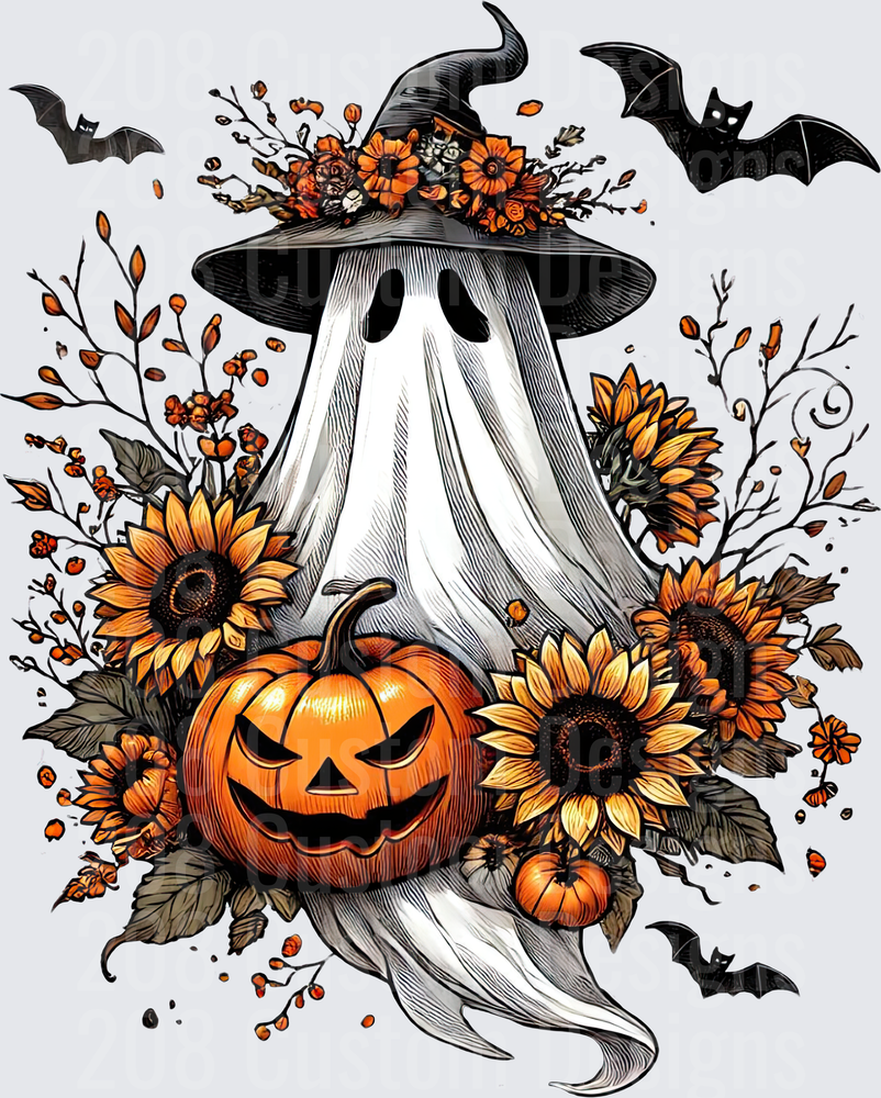 Floral Witch Hat Ghost Jack-o-Lantern Sunflowers Bats
