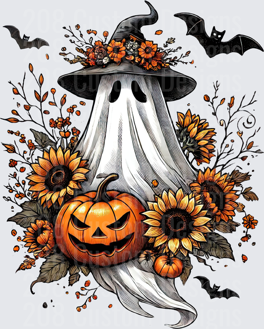 Floral Witch Hat Ghost Jack-o-Lantern Sunflowers Bats