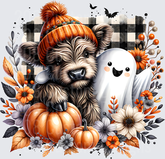 Halloween Highland Cow Orange Beanie Ghost Pumpkin Floral