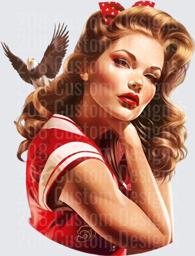 Vintage Pin-Up Girl with Victory Rolls and Bald Eagle Patriotic Design