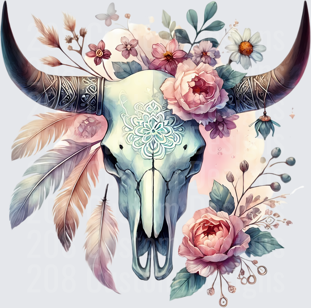 Boho Bull Skull with Pink Peonies Feathers and Mandala Design