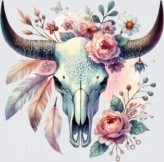 Boho Bull Skull with Pink Peonies Feathers and Mandala Design
