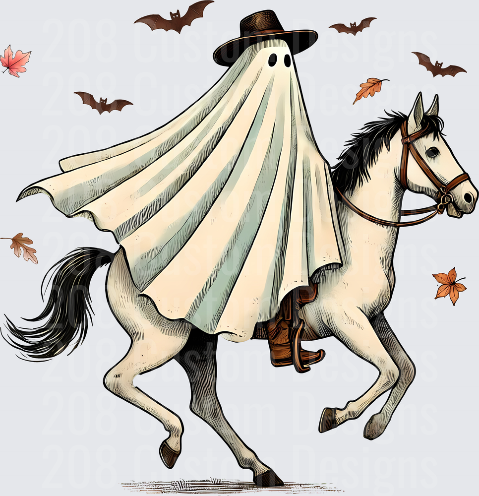 Halloween Ghost Cowboy Riding Horse with Bats and Fall Leaves